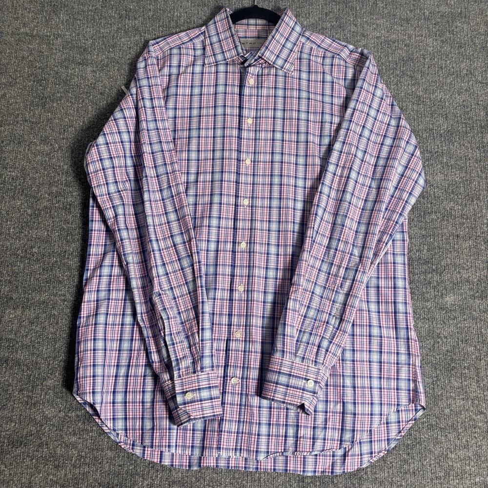 Zegna Dress Shirt Mens 42 16.5‎ Pink Blue Check Plaid Professor Business Core